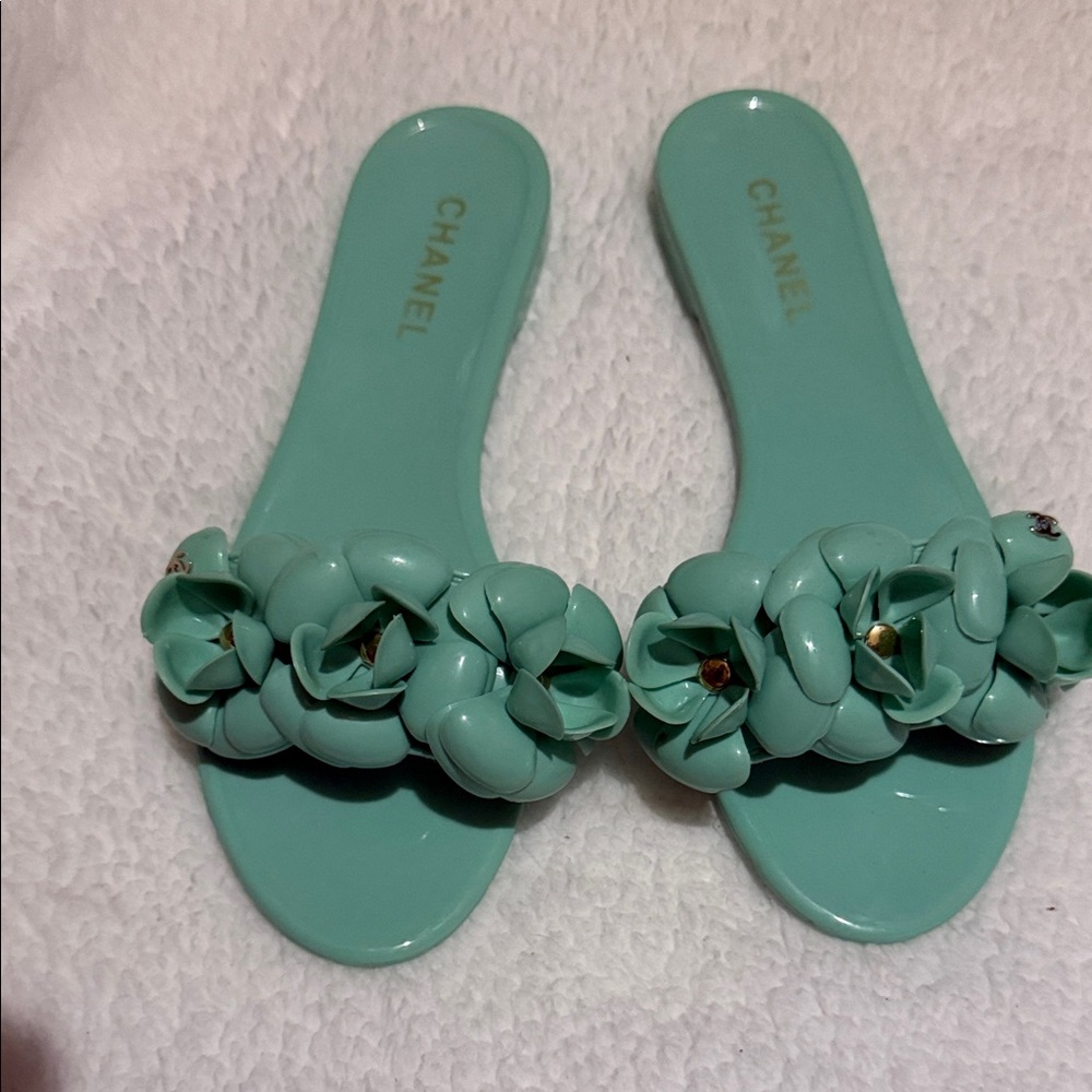 CHANEL Mint Green Camellia Jelly Slide Sandals